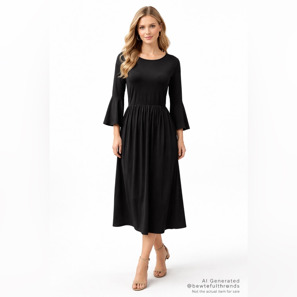 Black Bell Sleeve Midi Dress Parisian Minimalist Soft Girl Pockets